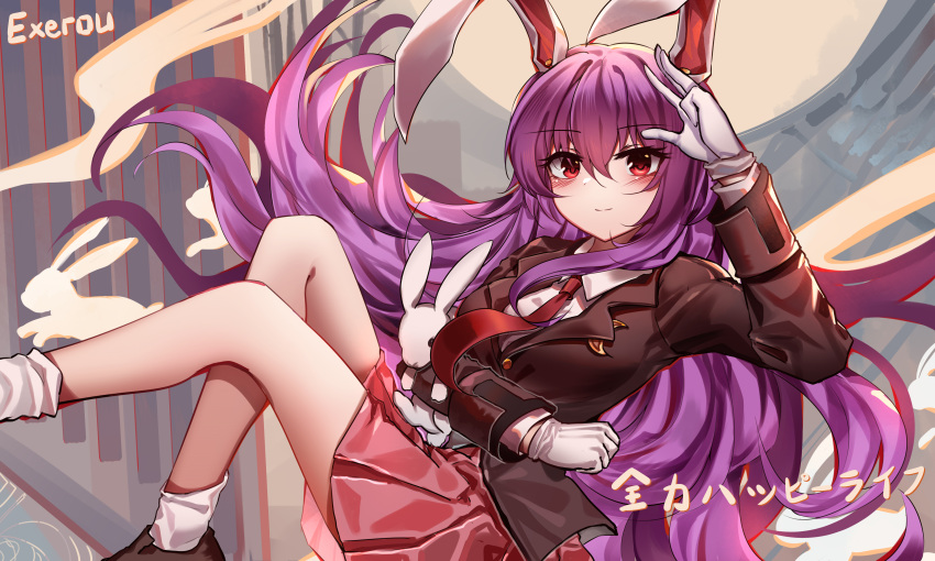 1girl absurdres animal_ears black_footwear black_jacket blazer closed_mouth commentary_request crescent crescent_pin gloves highres jacket long_hair looking_at_viewer necktie purple_hair rabbit rabbit_ears rabbit_girl red_eyes red_necktie reisen_udongein_inaba signature smile socks top-exerou touhou white_gloves white_socks