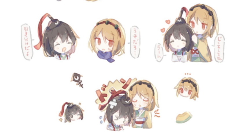 &gt;_&lt; ... 2others androgynous bandaid bandaid_on_head black_eyes black_hair black_headwear bow chibi chibi_inset chinese_commentary chinese_text closed_eyes closed_mouth commentary_request eye_of_senri eye_on_hat flying_sweatdrops food frown fruit green_kimono hairband hands_on_another's_head haori hat hat_ribbon head_only heart hitting holding_rod jacket japanese_clothes jinbei_(clothes) kariginu kimono layered_sleeves len'en long_sleeves melon multiple_others no_mouth obi one_eye_closed open_clothes open_jacket open_mouth orange_eyes orange_hair orange_jacket purple_scarf red_bow red_hairband red_ribbon ribbon sash scarf senri_tsurubami short_hair smile sparkle speech_bubble sweatdrop translation_request triangle_mouth upper_body waist_bow white_background white_sash white_sleeves wide_sleeves yapiemo zuifeng_tenkai