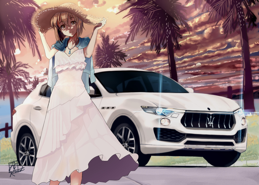 1girl absurdres artist_name blue_cardigan breasts brown_hair cardigan cardigan_on_shoulders clouds dress glowing hair_between_eyes hand_on_headwear hat head_tilt highres jewelry looking_at_viewer maserati maserati_levante mistrail necklace original outdoors palm_tree shadow sky small_breasts smile solo sports_utility_vehicle straw_hat sun_hat tree vehicle_focus white_dress
