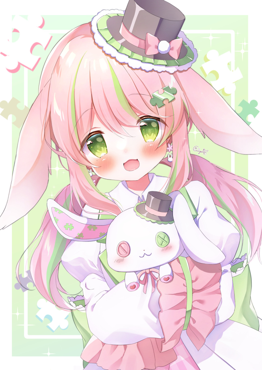1girl :3 animal_ears back_bow blush bow buttons collared_dress dangle_earrings dress earrings frilled_sleeves frills green_eyes green_hair hanasakichu hat highres holding holding_stuffed_toy jewelry juliet_sleeves long_sleeves low_twintails mini_hat multicolored_hair open_mouth original pink_hair puffy_sleeves puzzle_piece puzzle_piece_hair_ornament rabbit_earrings rabbit_ears rabbit_girl sleeves_past_fingers sleeves_past_wrists smile solo streaked_hair stuffed_animal stuffed_rabbit stuffed_toy twintails two-tone_hair upper_body