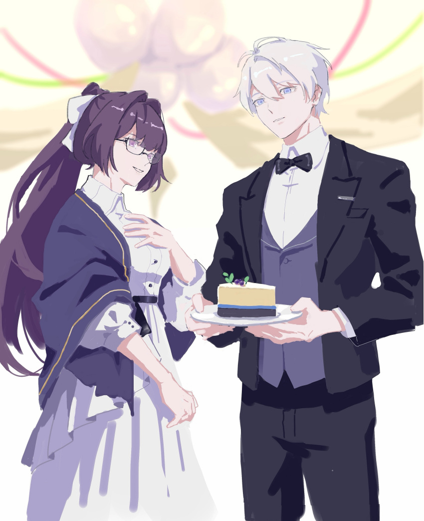 00quanta 1boy 1girl absurdres black_suit blue_eyes blurry blurry_background bow bowtie cake cake_slice collared_shirt couple dress food glasses hair_between_eyes hand_on_own_chest highres holding holding_plate honkai_(series) honkai_impact_3rd kevin_kaslana looking_at_another mei_(honkai_impact) plate ponytail purple_hair shirt standing suit violet_eyes white_bow white_dress white_hair