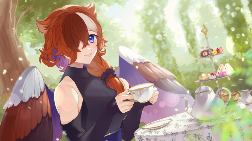 1girl animal_ears bare_shoulders bird_girl bird_wings black_sweater brown_hair brown_wings cake closed_mouth clothing_cutout colored_inner_hair commission cup eikura_hana estelle_(cieluscian) feathered_wings food forest hair_ornament hair_over_one_eye hair_over_shoulder hair_scrunchie hands_up highres holding holding_cup long_hair long_sleeves looking_at_viewer low-tied_long_hair multicolored_hair nature original outdoors pastry petals purple_hair purple_wings saucer scrunchie second-party_source shoulder_cutout skeb_commission sleeveless sleeves_past_wrists smile solo streaked_hair sweater table teacup teapot tiered_tray tree turtleneck turtleneck_sweater upper_body violet_eyes white_wings wings