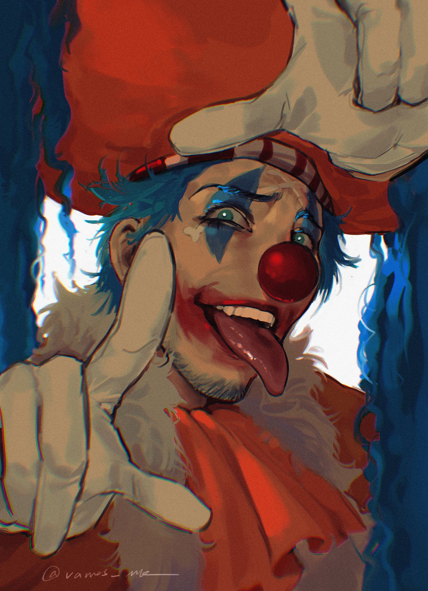 1boy absurdres ascot blue_hair buggy_the_clown clown clown_nose english_commentary facial_hair fur_trim gloves goatee green_eyes highres looking_at_viewer makeup one_piece one_piece_(live_action) open_mouth orange_ascot orange_headwear pointing pointing_at_viewer portrait smile teeth tongue tongue_out twitter_username vamos_mk white_gloves