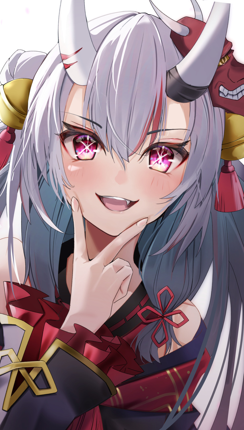 1girl absurdres bare_shoulders bell fang grey_hair hair_bell hair_between_eyes hair_ornament highres hololive horns japanese_clothes kimono long_hair long_sleeves looking_at_viewer mask mask_on_head multicolored_hair nakiri_ayame nakiri_ayame_(1st_costume) natsuki_(muravito) oni_horns oni_mask open_mouth oshi_no_ko pink_eyes redhead smile solo star-shaped_pupils star_(symbol) streaked_hair symbol-shaped_pupils upper_body v_over_mouth virtual_youtuber white_background wide_sleeves