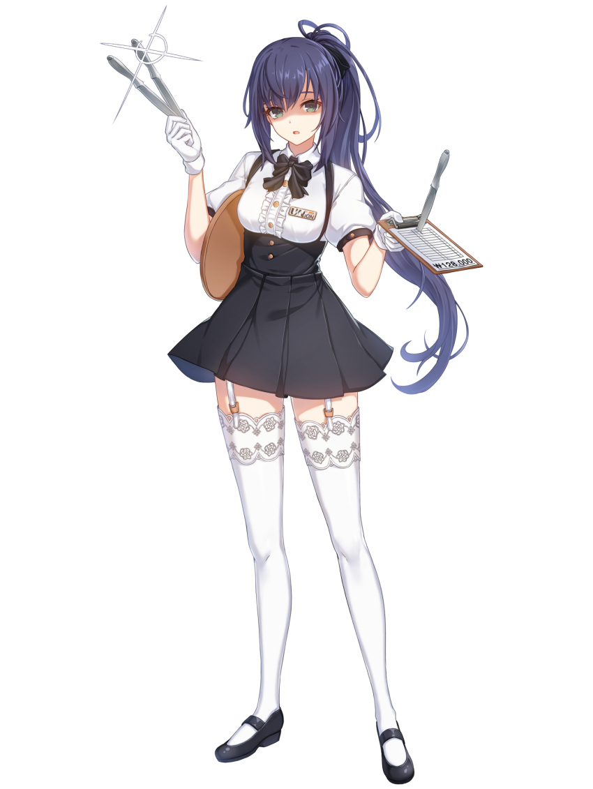 1girl :o badge bill_(object) black_bow black_bowtie black_footwear black_skirt blue_hair bow bowtie breasts carrying carrying_under_arm center_frills clipboard closers collared_shirt eunha_(closers) frills full_body garter_straps glint gloves green_eyes hair_bow hands_up high-waist_skirt highres holding holding_clipboard holding_tongs holding_tray lace-trimmed_thighhighs legs_apart long_hair looking_at_viewer mary_janes medium_breasts miniskirt official_art pleated_skirt ponytail puffy_short_sleeves puffy_sleeves shaded_face shirt shoes short_sleeves sidelocks skirt solo standing suspender_skirt suspenders table_knife tachi-e thigh-highs tongs tray under_boob very_long_hair waitress white_background white_gloves white_shirt white_thighhighs won_sign zettai_ryouiki