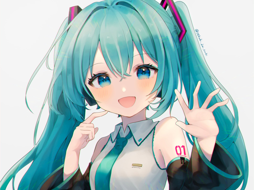 1girl artist_name blue_eyes blue_hair blush collared_shirt detached_sleeves finger_to_own_chin hair_ornament hand_up hatsune_miku highres long_hair long_sleeves looking_at_viewer necktie open_mouth shirt sleeveless sleeveless_shirt smile solo suiren_nei twintails upper_body vocaloid white_background