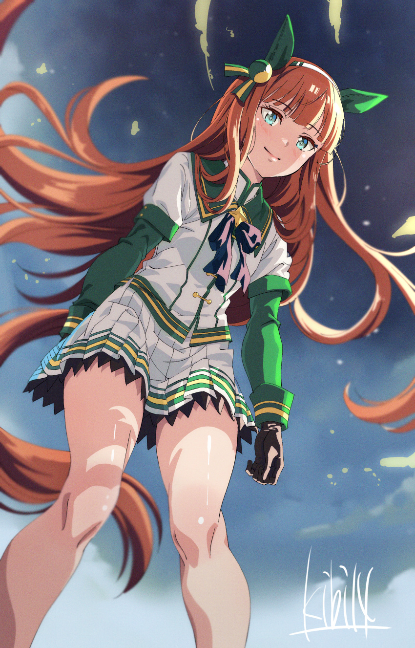 1girl absurdres animal_ears black_gloves blue_eyes ear_covers from_below gloves hairband highres hime_cut horse_ears horse_girl horse_tail kibidango_14-gou long_hair looking_at_viewer orange_hair pleated_skirt signature silence_suzuka_(umamusume) skirt smile solo tail umamusume white_hairband white_skirt