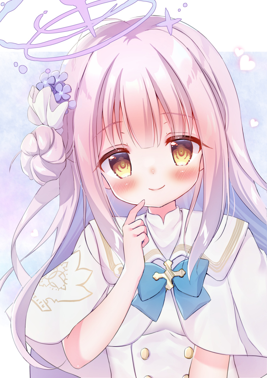 1girl blue_archive blush capelet flower hair_bun hair_flower hair_ornament halo hanasakichu hand_on_own_chin heart highres long_hair looking_at_viewer mika_(blue_archive) pink_hair single_side_bun smile solo upper_body yellow_eyes