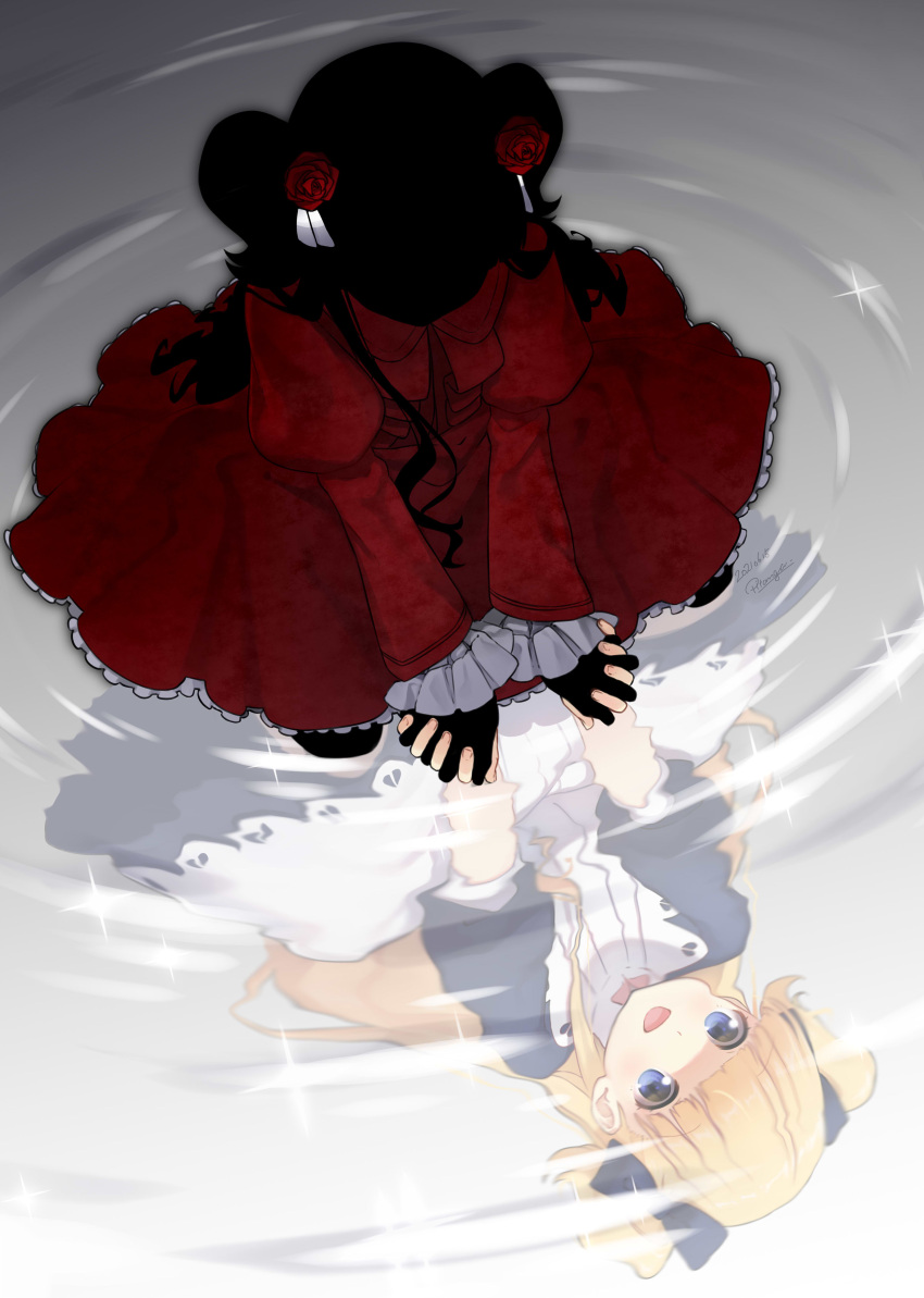 2girls absurdres blonde_hair blue_eyes different_reflection dress emilico_(shadows_house) flower frilled_sleeves frills hair_flower hair_ornament highres interlocked_fingers juliet_sleeves kate_(shadows_house) kneeling long_hair long_sleeves multiple_girls nana_mikoto open_mouth puffy_sleeves reflection ripples rose shadow_(shadows_house) shadows_house smile two_side_up water