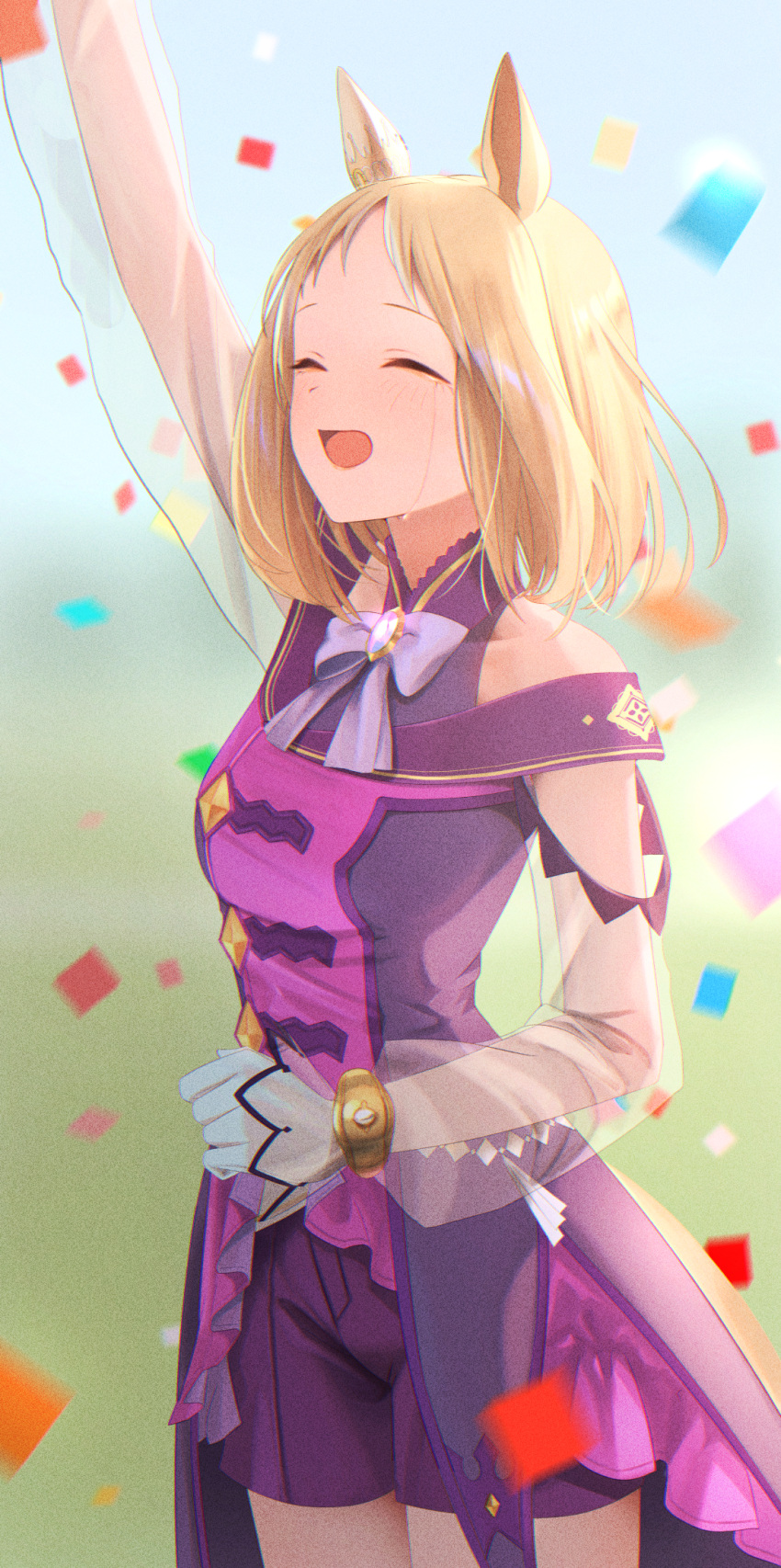 1girl animal_ears arm_up bare_shoulders blonde_hair bow bowtie closed_eyes commentary confetti crying dress english_commentary highres horse_ears horse_girl katuko_deluxe narita_top_road_(umamusume) off-shoulder_dress off_shoulder open_mouth purple_bow purple_bowtie purple_dress purple_shorts short_hair shorts smile solo umamusume