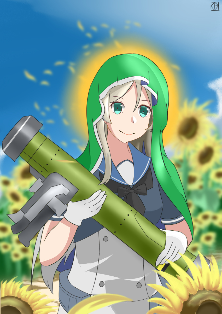 1girl absurdres black_neckerchief blue_jacket blue_sailor_collar blue_sky clouds day dress fgm-148_javelin flower gloves green_eyes green_veil grey_hair highres holding jacket javelin_(kancolle) kantai_collection long_hair meme name_connection neckerchief object_namesake outdoors parody plzs rocket_launcher sailor_collar saint_javelin_(meme) sky solo sunflower upper_body weapon white_dress white_gloves