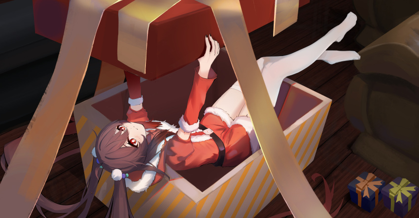 1girl absurdres alternate_costume belt box brown_hair christmas commentary_request genshin_impact gift gift_box hair_between_eyes hair_ornament highres hu_tao_(genshin_impact) in_box in_container indoors long_hair long_sleeves looking_at_viewer lying on_back pom_pom_(clothes) pom_pom_hair_ornament qixia red_eyes red_shorts santa_costume short_shorts shorts sidelocks smile solo symbol-shaped_pupils thigh-highs twintails white_thighhighs zettai_ryouiki