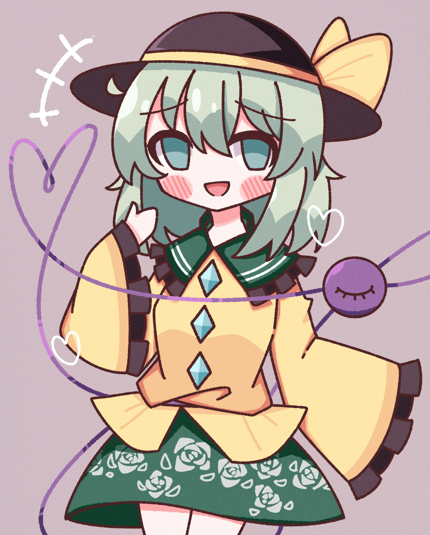 1girl :d absurdres black_headwear blush blush_stickers bow buttons diamond_button floral_print frilled_shirt_collar frilled_sleeves frills green_eyes green_hair green_skirt hat hat_bow heart heart_of_string highres komeiji_koishi light_green_hair long_sleeves medium_hair open_mouth rose_print shirt simple_background skirt sleeves_past_wrists smile solo standing third_eye touhou waroemon yellow_bow yellow_shirt