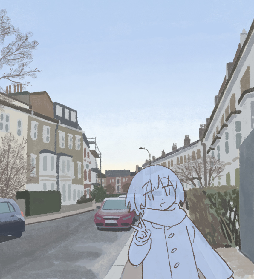 1girl bare_tree blue_sky car cityscape dawn dot_nose hand_up hedge highres house jacket jitome lamppost long_sleeves looking_at_viewer morning motor_vehicle muji_(uimss) original outdoors road scarf scenery short_hair sky solo street town tree upper_body v