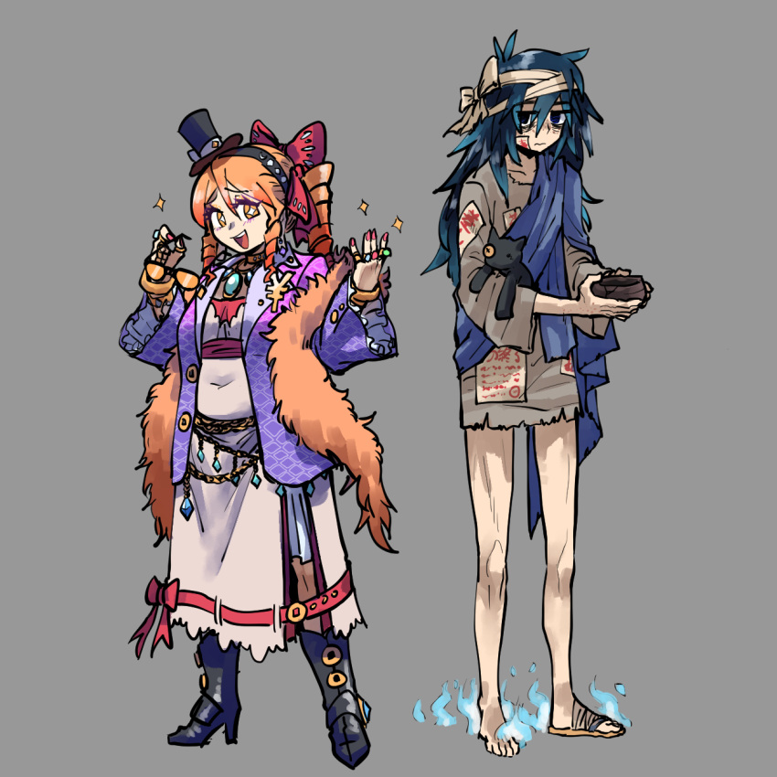+_+ 2girls alternate_costume black_footwear blue_hair boots bowl damaged debt drill_hair empty_eyes expressionless full_body fur_trim height_difference highres holding holding_bowl jacket jewelry kaibootsu long_sleeves looking_at_viewer messy_hair multiple_girls orange_hair puffy_long_sleeves puffy_sleeves purple_jacket ring skinny stuffed_animal stuffed_cat stuffed_toy touhou toy twin_drills yorigami_jo'on yorigami_shion