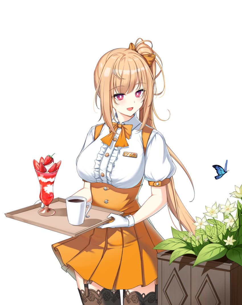 1girl :d alternate_hair_color badge blue_butterfly bow bowtie breasts bright_pupils brown_thighhighs bug butterfly center_frills closers coffee coffee_cup collared_shirt cowboy_shot cup disposable_cup drinking_glass flower flower_bed food frills fruit garter_straps gloves hair_bow high-waist_skirt highres holding holding_tray ice_cream lace-trimmed_thighhighs large_breasts long_hair looking_at_animal miniskirt mirae_(closers) official_art orange_bow orange_bowtie orange_hair orange_skirt pink_eyes pleated_skirt ponytail puffy_short_sleeves puffy_sleeves shirt short_sleeves skirt smile solo strawberry strawberry_slice sundae suspender_skirt suspenders thigh-highs tray turning_head under_boob very_long_hair waitress white_background white_gloves white_pupils white_shirt yellow_flower zettai_ryouiki