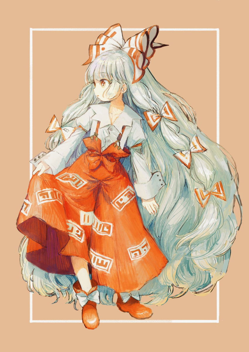 1girl boots bow canariadraw collarbone collared_shirt commission fujiwara_no_mokou full_body grey_hair hair_bow highres long_hair long_sleeves pants parted_lips profile red_eyes red_footwear red_pants shirt skeb_commission sleeve_garter solo suspenders touhou very_long_hair white_bow white_shirt