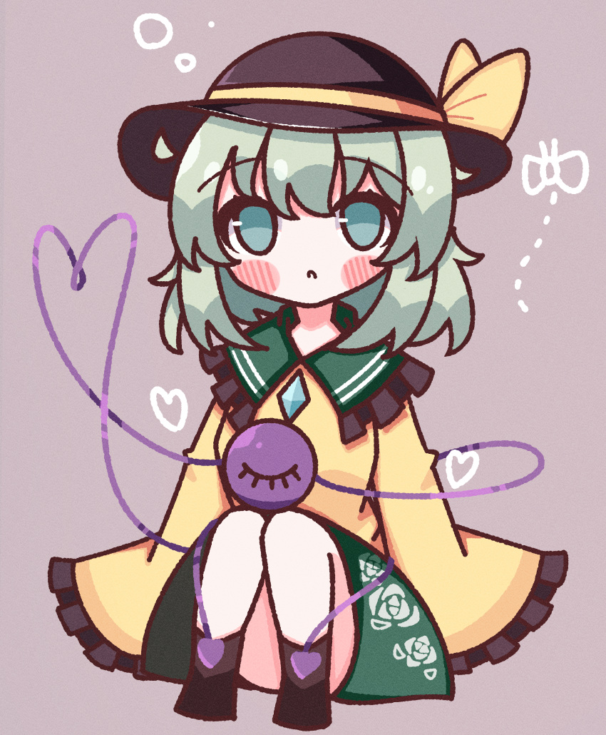 1girl :&lt; absurdres black_headwear blush blush_stickers bow buttons diamond_button floral_print frilled_shirt_collar frilled_sleeves frills green_eyes green_hair green_skirt hat hat_bow heart heart_of_string highres komeiji_koishi light_green_hair long_sleeves medium_hair rose_print shirt simple_background sitting skirt sleeves_past_wrists solo third_eye touhou waroemon yellow_bow yellow_shirt