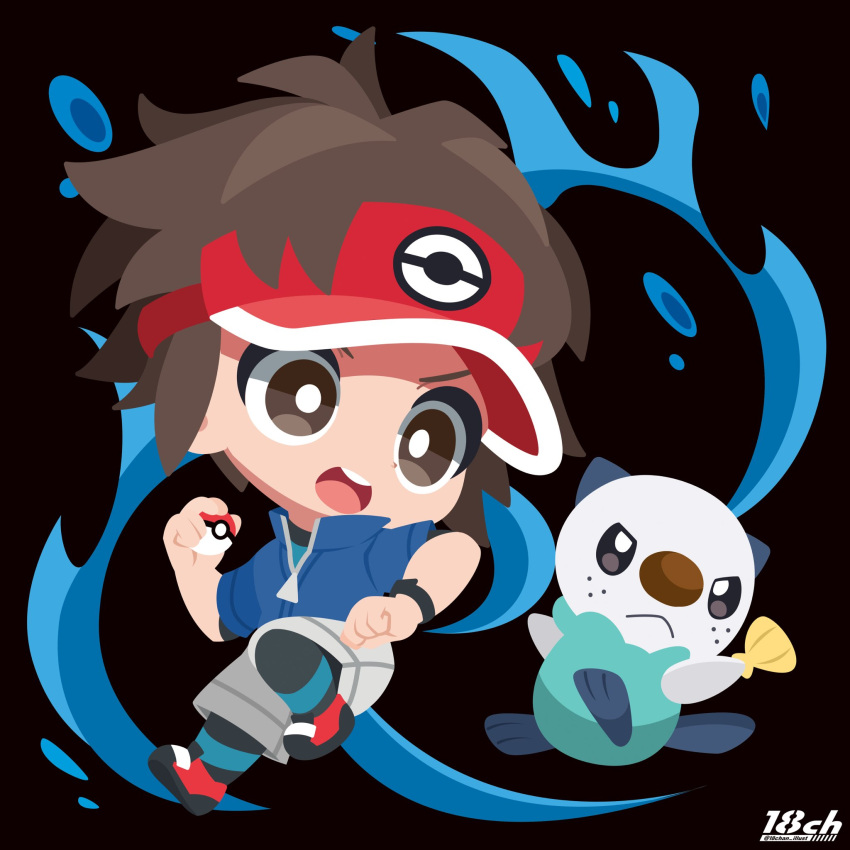 18ch 1boy artist_name black_background blue_jacket bodysuit bodysuit_under_clothes bright_pupils brown_eyes brown_hair chibi commentary hand_up highres holding holding_poke_ball jacket male_focus nate_(pokemon) open_mouth oshawott poke_ball poke_ball_(basic) pokemon pokemon_(creature) pokemon_(game) pokemon_bw2 red_headwear shoes teeth tongue upper_teeth_only visor_cap water water_drop white_pupils zipper_pull_tab