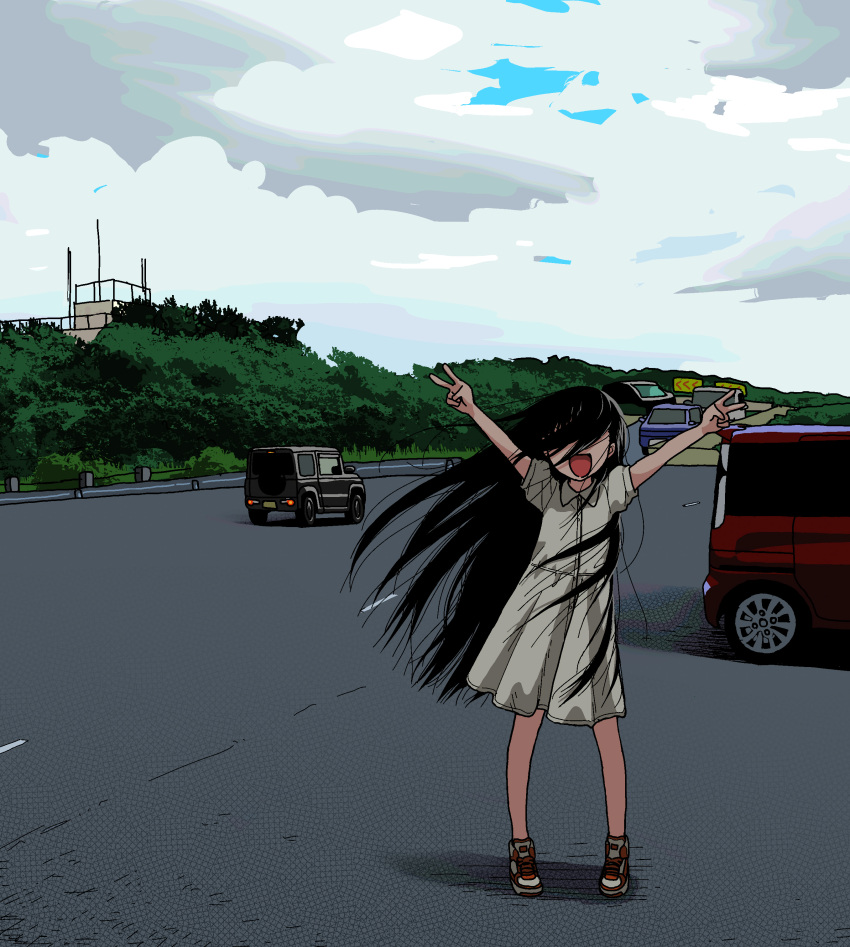 1girl absurdres arms_up building car clouds cloudy_sky commentary_request covered_eyes day double_v dress facing_viewer floating_hair foliage guard_rail hair_over_eyes highres kunikida_kunio long_hair messy_hair motor_vehicle original outdoors puffy_short_sleeves puffy_sleeves road shoes short_sleeves sky smile sneakers solo standing straight-on v very_long_hair white_dress wide_shot
