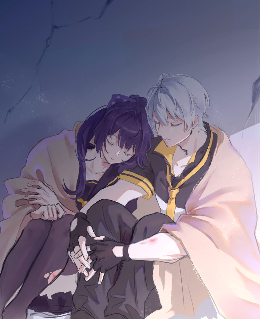 00quanta 1boy 1girl absurdres against_wall black_gloves blanket bow bruise closed_eyes collared_shirt couple crack cracked_wall fingerless_gloves gloves hair_between_eyes hair_bow head_on_another's_shoulder highres honkai_(series) honkai_impact_3rd hugging_own_legs injury kevin_kaslana leaning_on_person mei_(honkai_impact) necktie no_eyewear ponytail purple_hair shared_blanket shirt sitting sleeping sunlight torn_clothes white_hair
