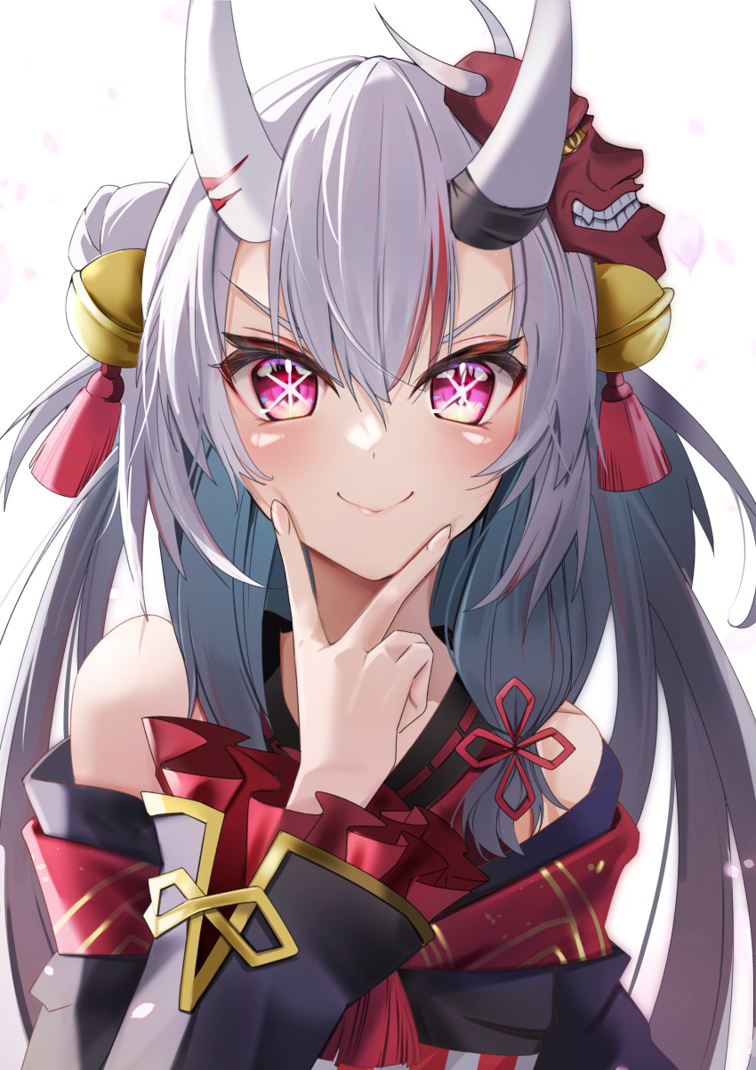1girl absurdres bare_shoulders bell closed_mouth grey_hair hair_bell hair_between_eyes hair_ornament highres hololive horns japanese_clothes kimono long_hair long_sleeves looking_at_viewer mask mask_on_head multicolored_hair nakiri_ayame nakiri_ayame_(1st_costume) natsuki_(muravito) oni_horns oni_mask oshi_no_ko petals pink_eyes redhead smile solo star-shaped_pupils star_(symbol) streaked_hair symbol-shaped_pupils upper_body v-shaped_eyebrows v_over_mouth virtual_youtuber white_background wide_sleeves