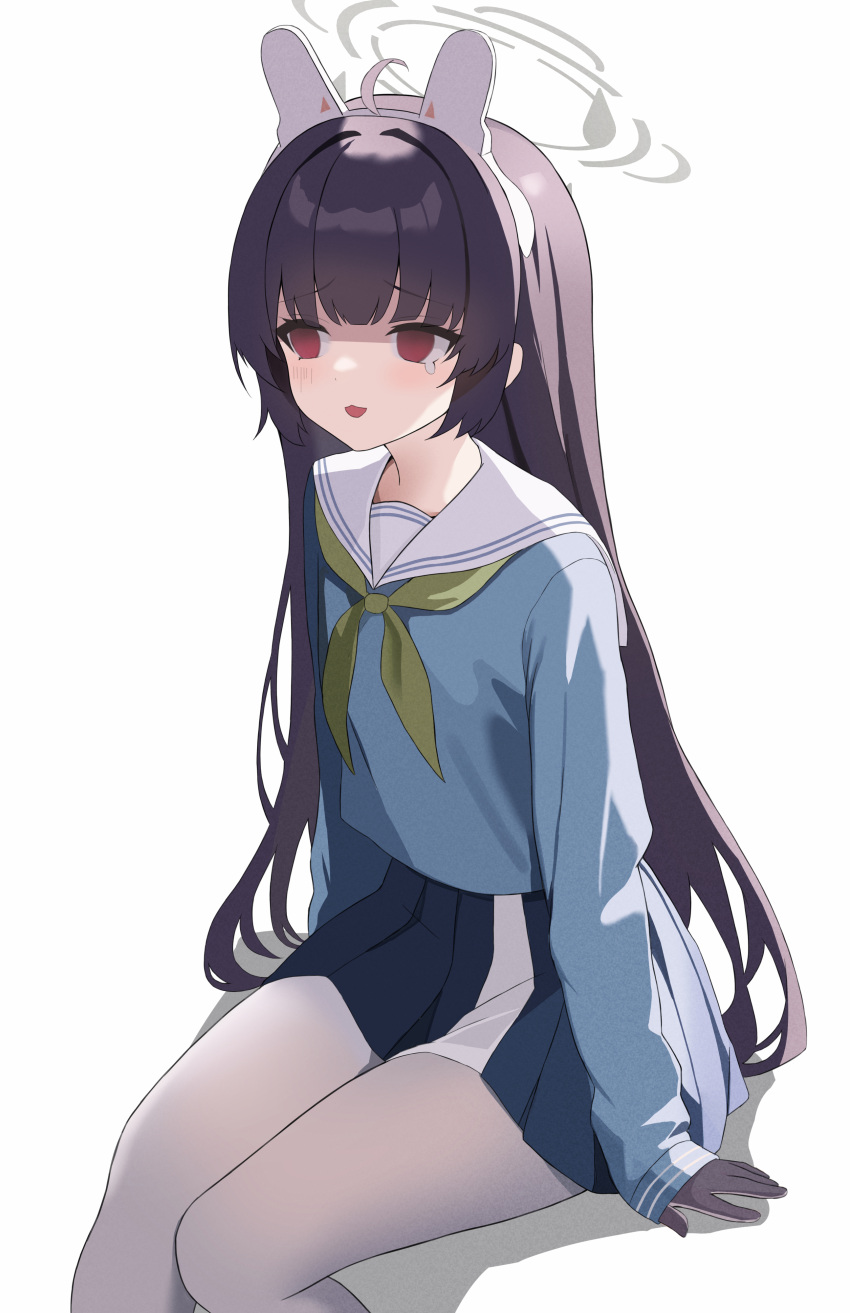 1girl absurdres ahoge akagi_koku animal_ears arm_support black_gloves black_hair blue_archive blunt_bangs commentary_request crying crying_with_eyes_open depressed empty_eyes fake_animal_ears gloom_(expression) gloves halo highres knees_together_feet_apart long_hair long_sleeves miyu_(blue_archive) pantyhose pleated_skirt rabbit_ears red_eyes school_uniform serafuku sidelocks simple_background sitting skirt solo tears white_background white_pantyhose
