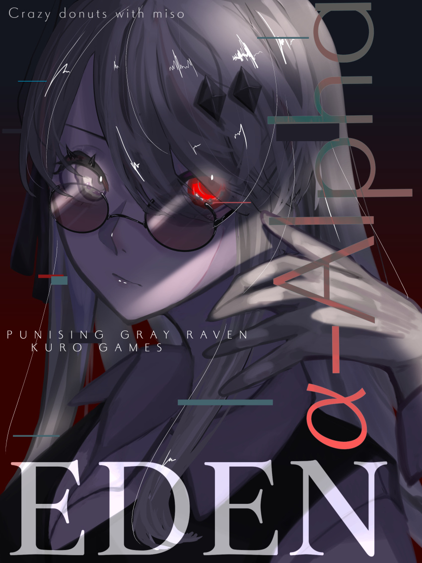 1girl absurdres adjusting_eyewear alpha_(punishing:_gray_raven) black_bow bow character_name closed_mouth copyright_name cover english_text fake_magazine_cover grey_eyes grey_hair hair_bow hair_over_eyes hashiridocoro heterochromia highres long_hair magazine_cover punishing:_gray_raven red_eyes solo sunglasses