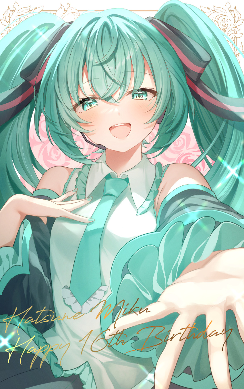 1girl absurdres blue_eyes blue_hair blush character_name collared_shirt detached_sleeves frilled_necktie frilled_sleeves frills hair_ribbon hand_on_own_chest happy_birthday hatsune_miku headset highres long_hair long_sleeves lushuao nail_polish necktie open_mouth reaching reaching_towards_viewer ribbon shirt sleeveless sleeveless_shirt smile solo vocaloid