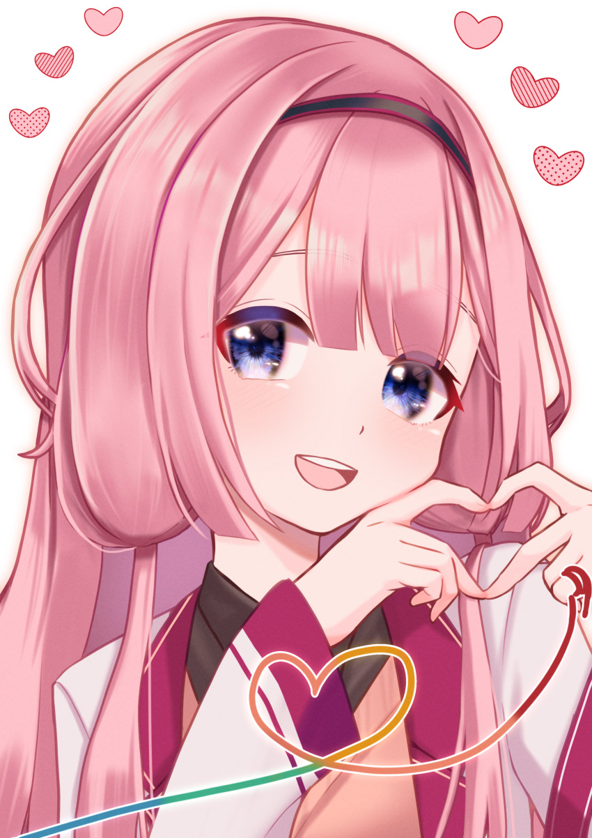 1girl absurdres blue_eyes blush collared_shirt hairband heart heart_hands heart_of_string highres long_hair long_sleeves looking_at_viewer nijisanji open_mouth pink_hair shirt smile solo suo_sango upper_body virtual_youtuber yokuto