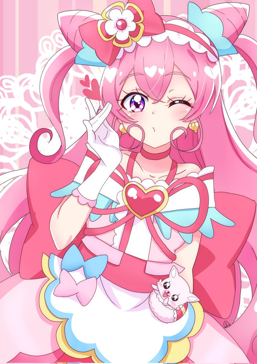 1girl apron arm_behind_head artist_name back_bow bow choker cone_hair_bun cure_precious delicious_party_precure doily double_bun dress earrings fox gloves hair_bow hair_bun highres jewelry kome-kome_(precure) large_bow long_hair looking_at_viewer magical_girl momotarouooi nagomi_yui off-shoulder_dress off_shoulder one_eye_closed pink_dress pink_hair precure puckered_lips red_bow red_choker red_ribbon ribbon signature solo standing very_long_hair violet_eyes waist_apron white_gloves