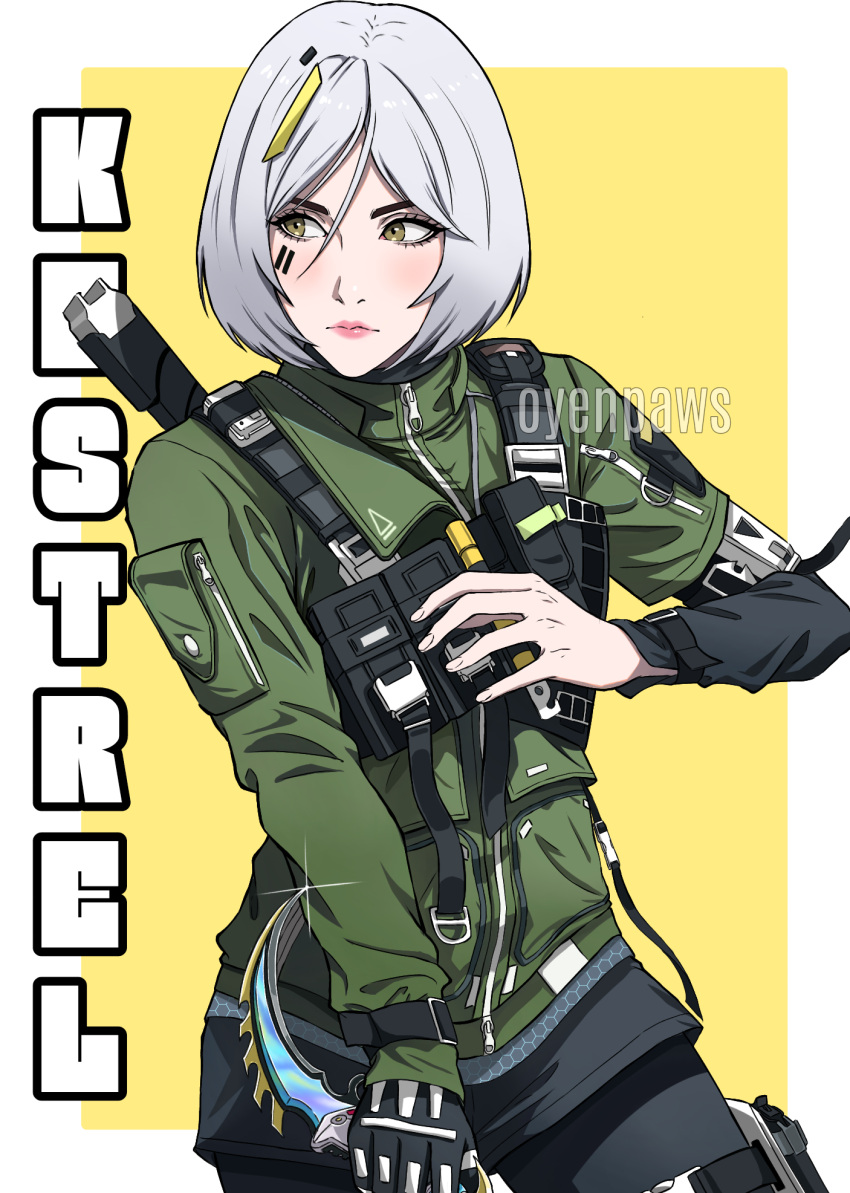 artist_name brown_eyes call_of_duty call_of_duty:_mobile character_name facial_mark gloves green_jacket highres holding holding_knife jacket karambit kestrel_(call_of_duty:_mobile) knife oyenpaws short_hair tagme two-tone_background white_hair