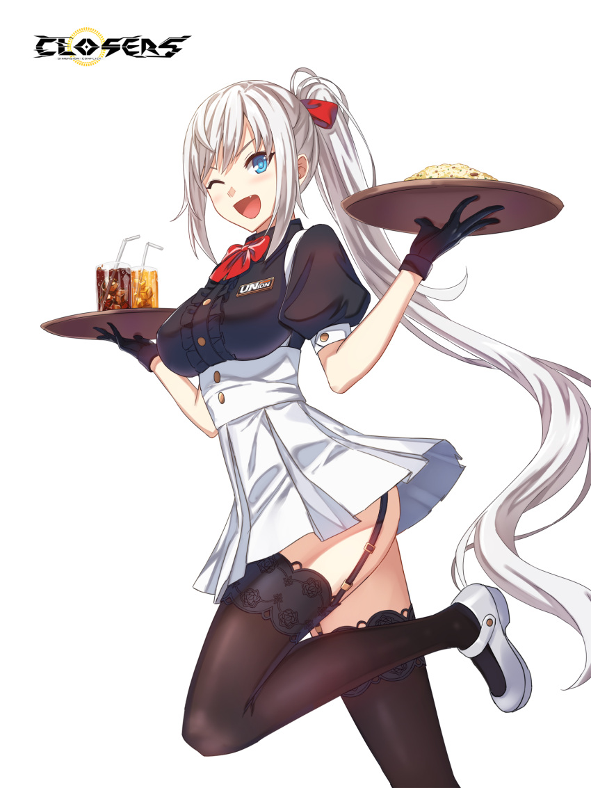 1girl ;d alternate_hair_color ass badge black_gloves black_shirt black_thighhighs blue_eyes blush bow bowtie breasts center_frills closers collared_shirt copyright_name cowboy_shot drink drinking_straw fang food fried_rice frills from_side garter_straps glasses gloves hair_bow hands_up high-waist_skirt highres holding holding_tray ice ice_cube lace-trimmed_thighhighs large_breasts leg_up logo long_hair looking_at_viewer mary_janes miniskirt official_art one_eye_closed open_mouth pleated_skirt ponytail puffy_short_sleeves puffy_sleeves red_bow red_bowtie running shirt shoes short_sleeves sidelocks skirt smile solo suspender_skirt suspenders thigh-highs tray underbust v-shaped_eyebrows very_long_hair waitress white_background white_footwear white_hair white_skirt yuri_seo zettai_ryouiki