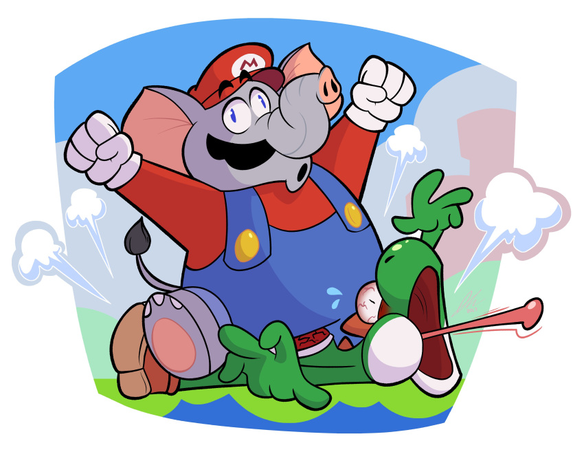 :o absurdres arms_up bloodshot_eyes blue_eyes blue_sky cabbie_hat clenched_hand colored_skin constricted_pupils cracked_shell crushing elephant elephant_mario facial_hair fat gloves green_skin grey_skin hat highres initial juicyartz large_ears letter_print long_sleeves long_tongue mario mustache open_mouth pain red_headwear red_shirt riding shirt sitting sky snout super_mario_bros._wonder tongue wall-eyed white_gloves yoshi