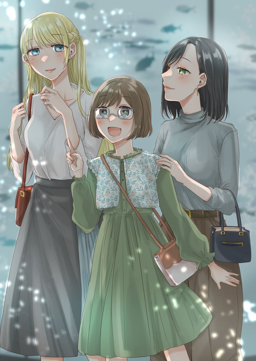 3girls absurdres aquarium ayu_(sweetfish_man) black_hair blonde_hair blue_eyes brown_hair commission glasses green_eyes height_difference highres jewelry long_hair mother_and_daughter multiple_girls original ring skeb_commission wedding_ring wife_and_wife yuri