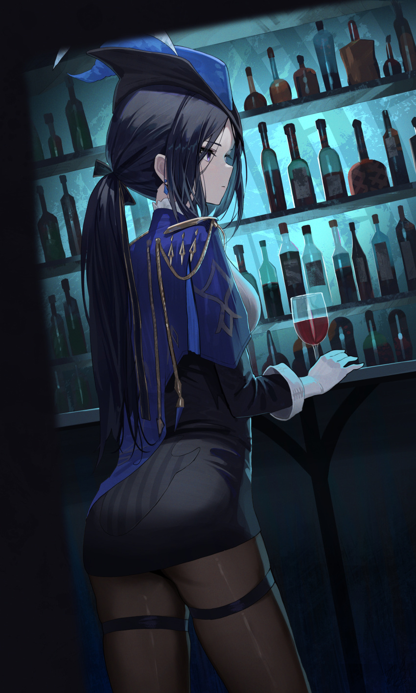 1girl absurdres alcohol bar_(place) black_hair black_pantyhose black_ribbon black_skirt blue_cape blue_headwear bottle cape clorinde_(genshin_impact) commentary cup dress drinking_glass earrings epaulettes from_behind genshin_impact gloves hair_ribbon hat hidulume highres jewelry long_hair low_ponytail pantyhose pencil_dress ribbon shirt shoulder_cape skirt solo thigh_strap tricorne violet_eyes white_gloves white_shirt wine wine_bottle wine_glass