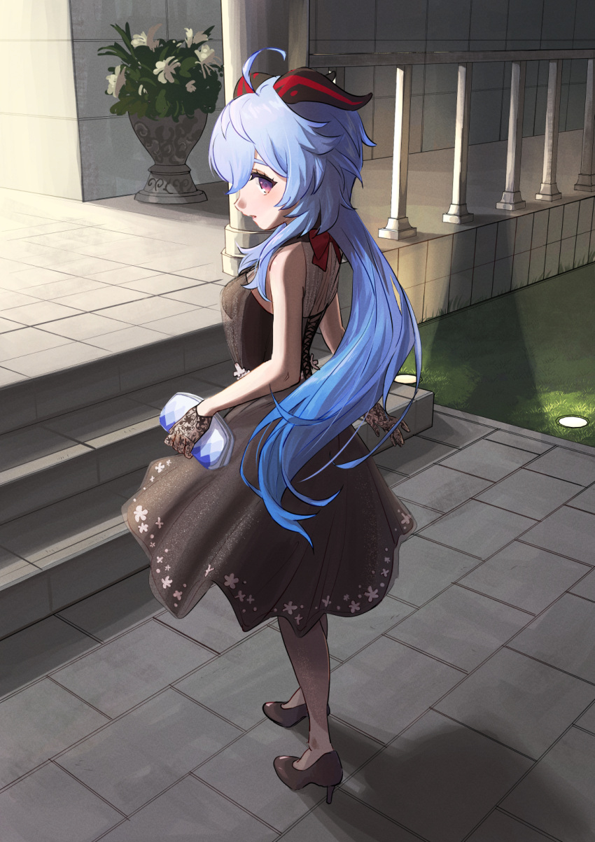 1girl ahoge alternate_costume bag black_dress black_gloves black_pantyhose blue_hair commentary_request contemporary dress facial_hair flower from_behind ganyu_(genshin_impact) genshin_impact gloves goatee gown hair_between_eyes handbag high_heels highres holding holding_bag long_hair looking_at_viewer looking_back low_ponytail outdoors pantyhose parted_lips plant potted_plant sidelocks sleeveless solo suke tile_floor tiles violet_eyes
