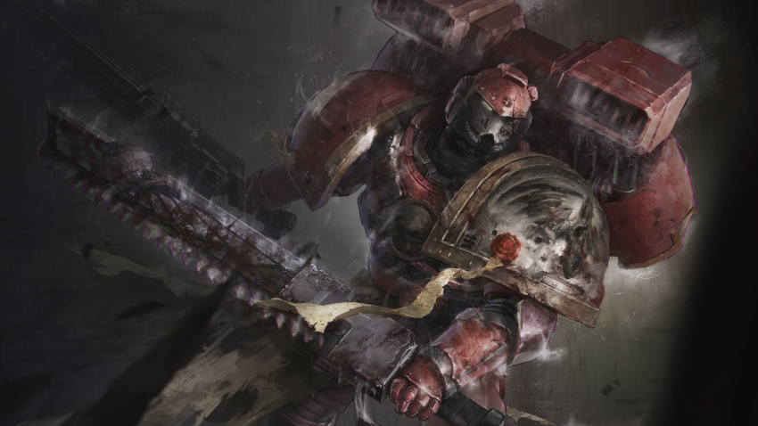 1boy absurdres adeptus_astartes assault_marine battle_damage blood_ravens chainsword chinese_commentary commentary daxi4ng dual_wielding highres holding holding_sword holding_weapon jetpack power_armor purity_seal sword warhammer_40k weapon