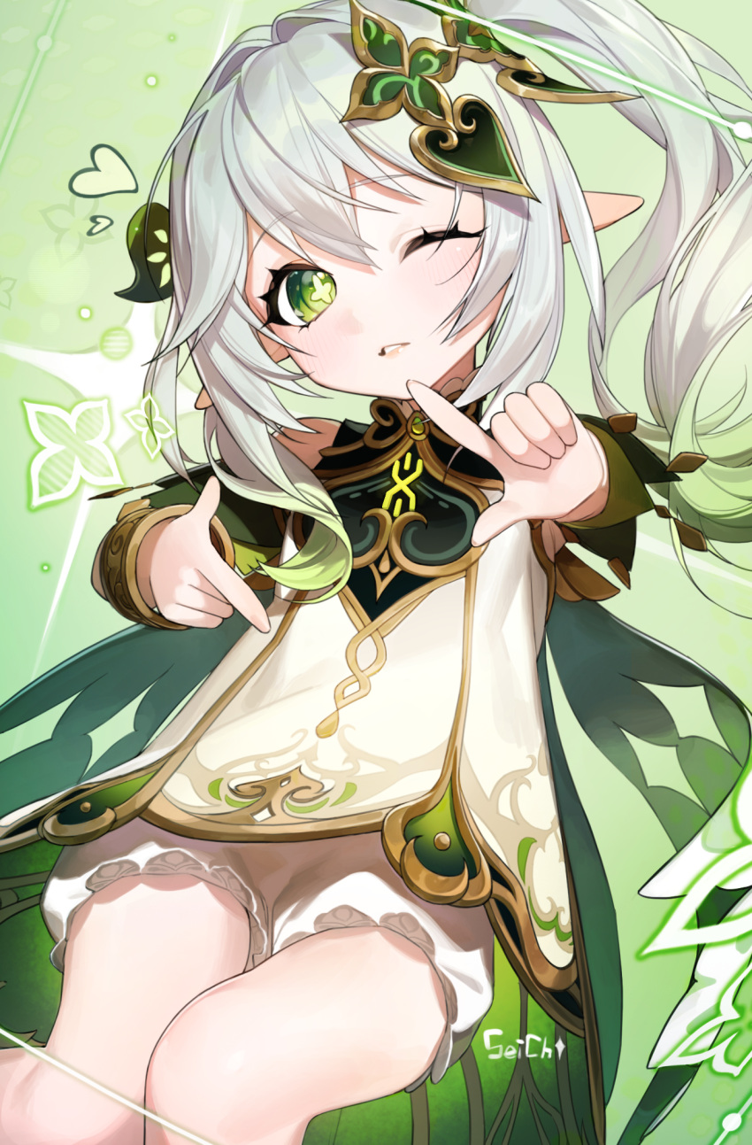 1girl artist_name bloomers cape commentary detached_sleeves dress finger_frame genshin_impact gradient_hair green_cape green_eyes green_hair grey_background hair_between_eyes hair_ornament heart highres knees_together_feet_apart leaf leaf_hair_ornament long_hair looking_at_viewer multicolored_hair nahida_(genshin_impact) one_eye_closed parted_lips pointy_ears sei!cho short_dress side_ponytail sidelocks sitting sleeveless sleeveless_dress solo sparkle symbol-shaped_pupils two-tone_hair underwear white_bloomers white_dress white_hair