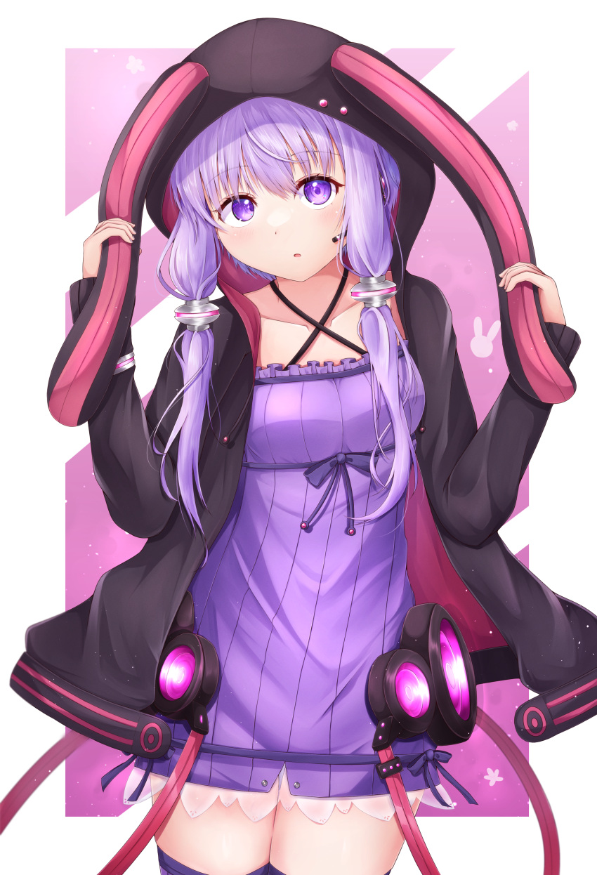 1girl absurdres animal_hood black_jacket blush breasts dress hair_between_eyes hands_up headset highres hip_focus hood hood_up hooded_jacket jacket legs_together long_hair looking_at_viewer microphone open_clothes open_jacket open_mouth purple_hair rabbit_hood shirua_(s4-42424) skindentation small_breasts solo striped striped_dress thigh-highs thigh_gap thighs twintails vertical-striped_dress vertical_stripes violet_eyes vocaloid yuzuki_yukari