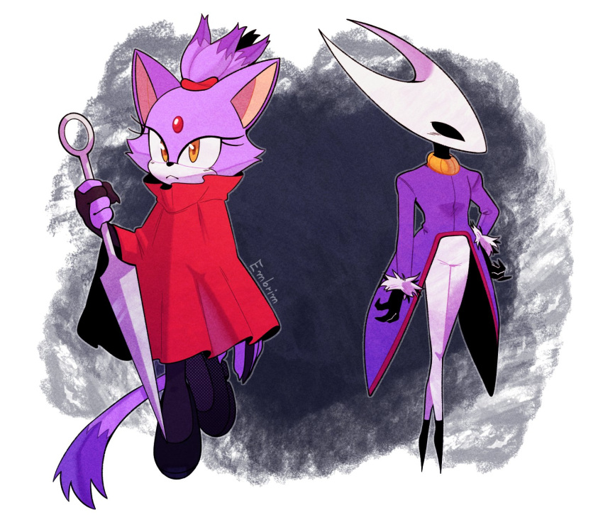 2girls animal_ears black_eyes blaze_the_cat blaze_the_cat_(cosplay) blush cat_ears cat_girl cat_tail cloak cosplay costume_switch embrim1 eyelashes forehead_jewel gold_necklace hand_on_own_hip high_collar highres holding holding_weapon hollow_knight hornet_(hollow_knight) hornet_(hollow_knight)_(cosplay) jacket jewelry looking_to_the_side multiple_girls necklace needle_(hollow_knight) pants purple_fur purple_jacket red_cloak sonic_(series) tail topknot weapon white_pants yellow_eyes