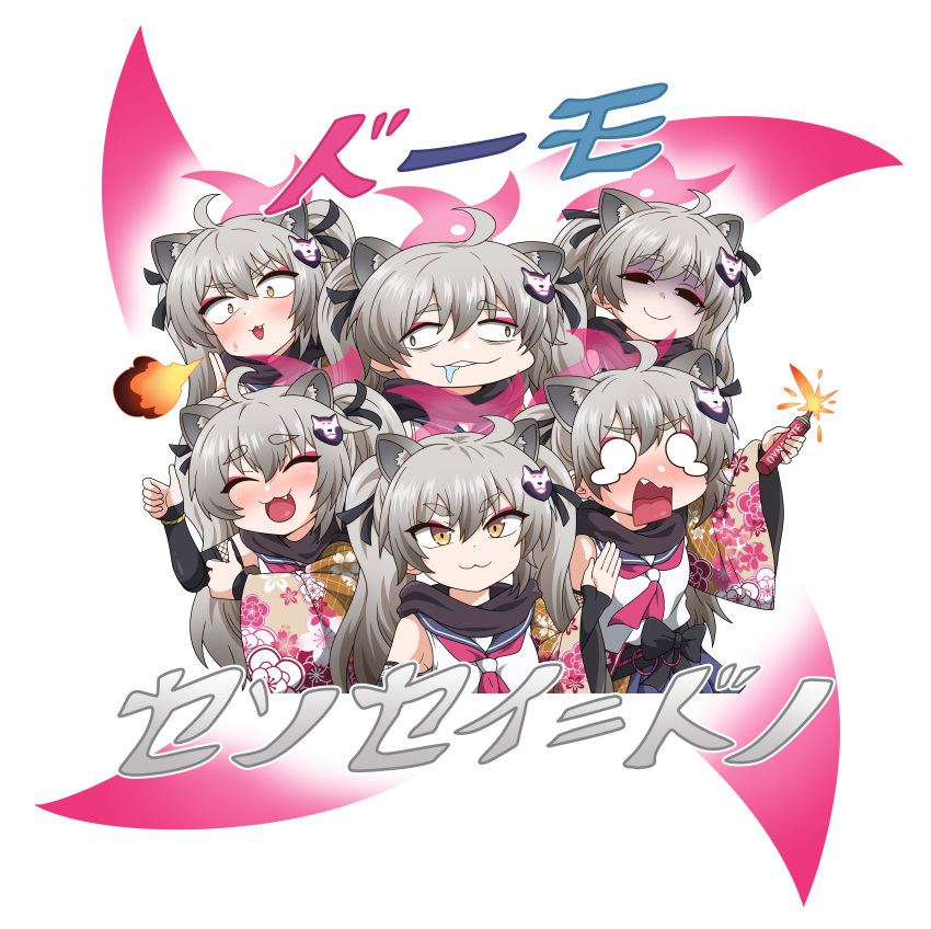1girl :3 :d absurdres animal_ears black_scarf blue_archive bomb commentary_request devil_yanghyeok double_thumbs_up dynamite empty_eyes explosive eyeshadow gloom_(expression) gradient_hair grey_hair hadanugi_dousa halo highres holding holding_bomb kuji-in long_hair long_sleeves looking_at_viewer makeup michiru_(blue_archive) multicolored_hair ninja raccoon_ears raccoon_girl raccoon_hair_ornament red_eyeshadow scarf school_uniform serafuku sidelocks simple_background sleeveless smile thumbs_up translation_request twintails two-tone_hair wide_sleeves yellow_eyes