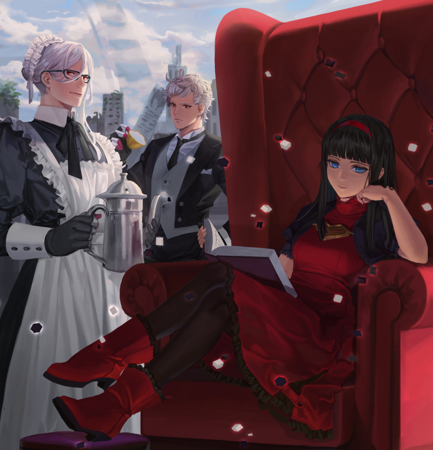 1girl 2boys absurdres adam_(nier:automata) apron black_dress black_gloves black_hair black_jacket blue_eyes book boots closed_mouth clouds collared_shirt cup day dress eve_(nier:automata) frilled_apron frills glasses gloves grey_vest hairband highres holding holding_book holding_cup jacket maid maid_apron maid_headdress multiple_boys necktie nier nier:automata nier_(series) on_(isk1812) open_book open_clothes open_jacket outdoors red_dress red_eyes red_girl_(nier) shirt short_hair sitting sky vest white_apron white_hair white_shirt