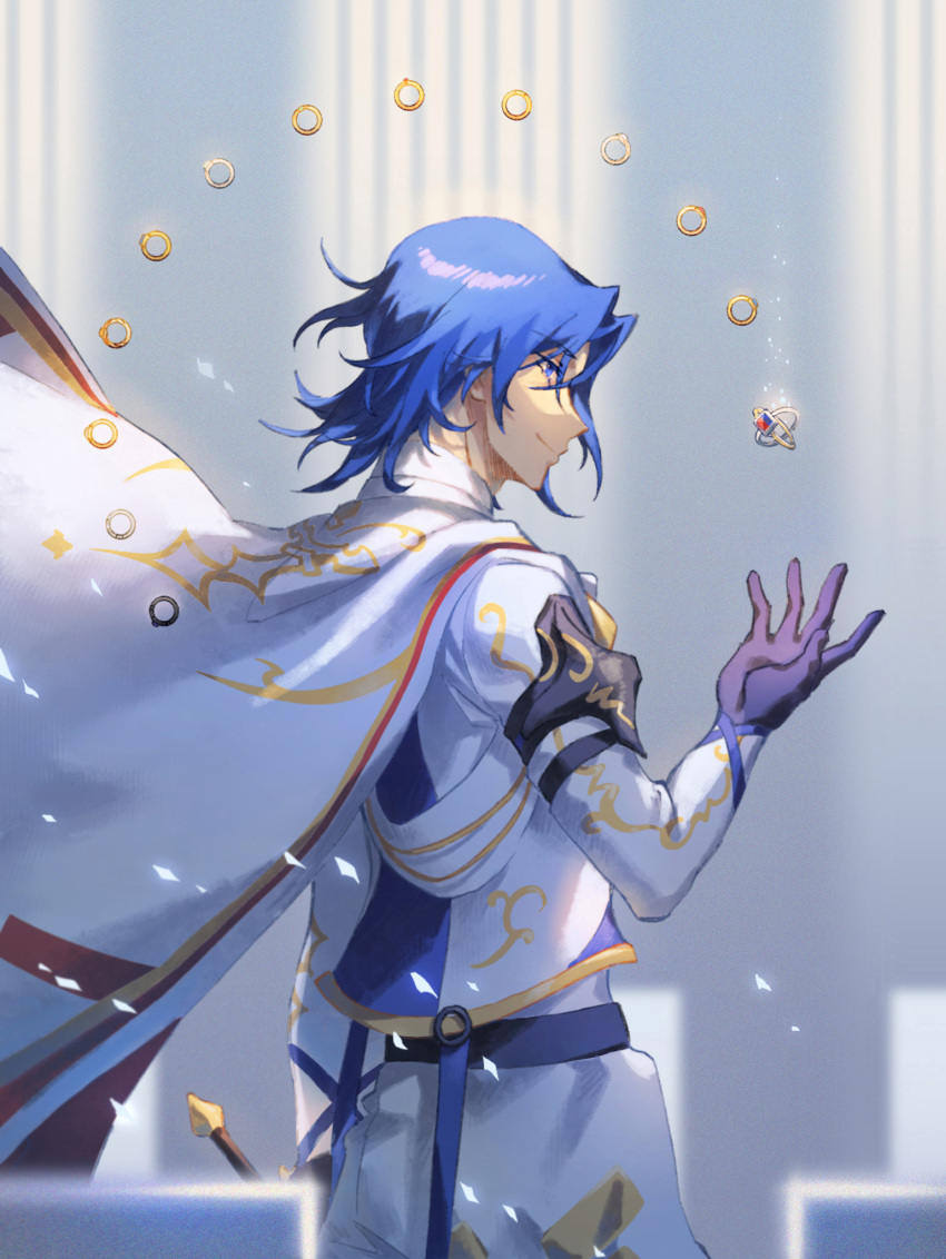 1boy alear_(fire_emblem) alear_(male)_(fire_emblem) black_gloves blue_eyes blue_hair cape closed_mouth fire_emblem fire_emblem_engage gloves hahahashagi highres jewelry light_smile long_sleeves looking_to_the_side ring shirt short_hair solo white_cape