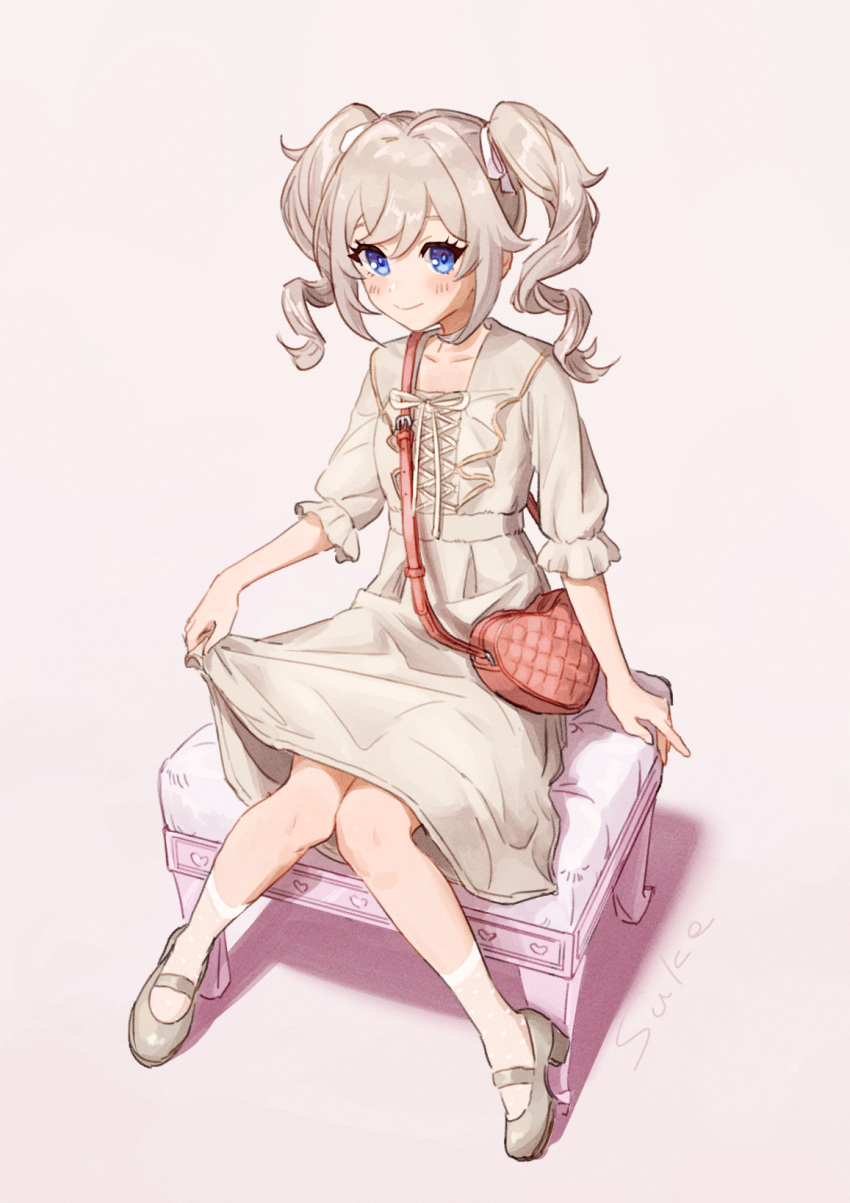 1girl alternate_costume alternate_hair_color bag barbara_(genshin_impact) blue_eyes casual collarbone commentary_request contemporary dress drill_hair frilled_dress frills genshin_impact grey_dress grey_hair hair_between_eyes handbag heart-shaped_bag highres knees_together_feet_apart long_hair looking_at_viewer mary_janes shoes short_sleeves sidelocks simple_background sitting solo suke twin_drills twintails