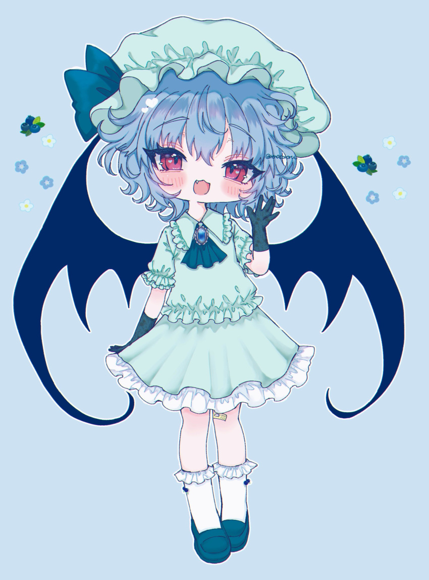1girl :3 absurdres aqua_background ascot bandaid bandaid_on_knee bandaid_on_leg bat_wings blue_ascot blue_bow blue_brooch blue_footwear blue_gloves blush bow brooch chibi collared_shirt commentary_request curly_hair elbow_gloves fang flower frilled_shirt frilled_shirt_collar frilled_skirt frilled_socks frills gloves green_headwear green_shirt green_skirt hand_up hat hat_bow highres jewelry looking_at_viewer mob_cap open_mouth pleated_skirt puffy_short_sleeves puffy_sleeves purple_hair red_eyes remilia_scarlet renakobonb shirt shoes short_hair short_sleeves simple_background skirt socks solo tongue touhou white_socks wings