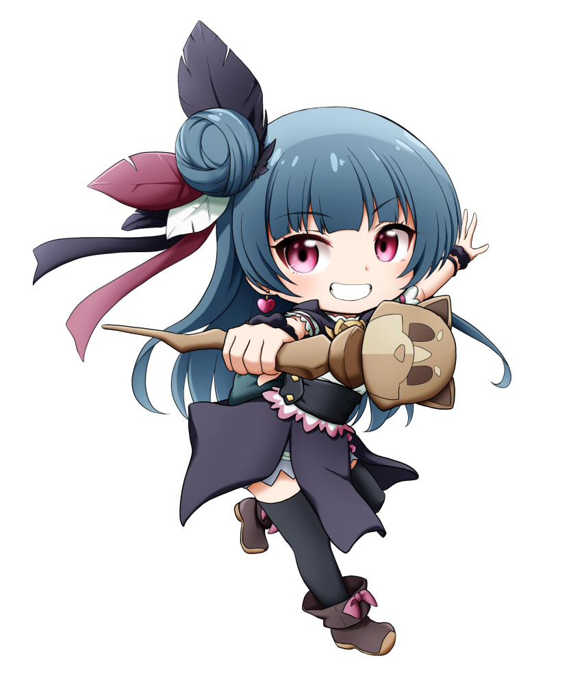 1girl black_feathers black_scrunchie black_skirt black_thighhighs blue_hair boots brown_footwear chibi earrings feathers from_side full_body genjitsu_no_yohane grin hair_bun heart heart_earrings highres holding holding_staff jewelry kuena long_hair looking_at_viewer looking_to_the_side love_live! love_live!_sunshine!! outstretched_arm red_feathers scrunchie shirt short_sleeves simple_background single_side_bun skirt smile solo staff standing standing_on_one_leg thigh-highs thighhighs_under_boots tsushima_yoshiko very_long_hair violet_eyes white_background white_feathers white_shirt wrist_scrunchie