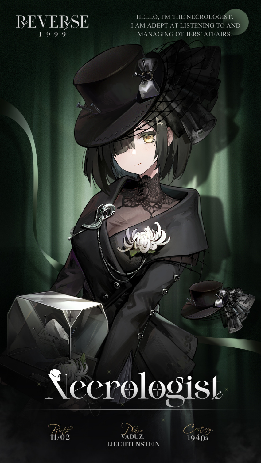 1girl black_dress black_hair black_jacket black_veil bob_cut character_name chrysanthemum closed_mouth copyright_name cowboy_shot display_case dress english_text flower green_curtains grey_background hair_over_one_eye hat highres holding_rock jacket logo looking_at_viewer necrologist official_art reverse:1999 short_hair smile solo spotlight tilted_headwear top_hat veil white_flower yellow_eyes