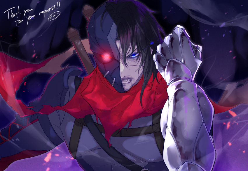 1boy angry armor black_hair blue_eyes broken_mask clenched_hand clenched_teeth commission eyepatch facial_hair glowing glowing_eye half_mask highres lens_flare long_hair mask mechanical_arms merry_(secilhodoshima) one-eyed original pale_skin prosthesis prosthetic_arm red_scarf scarf shoulder_armor single_mechanical_arm skeb_commission sword teeth weapon