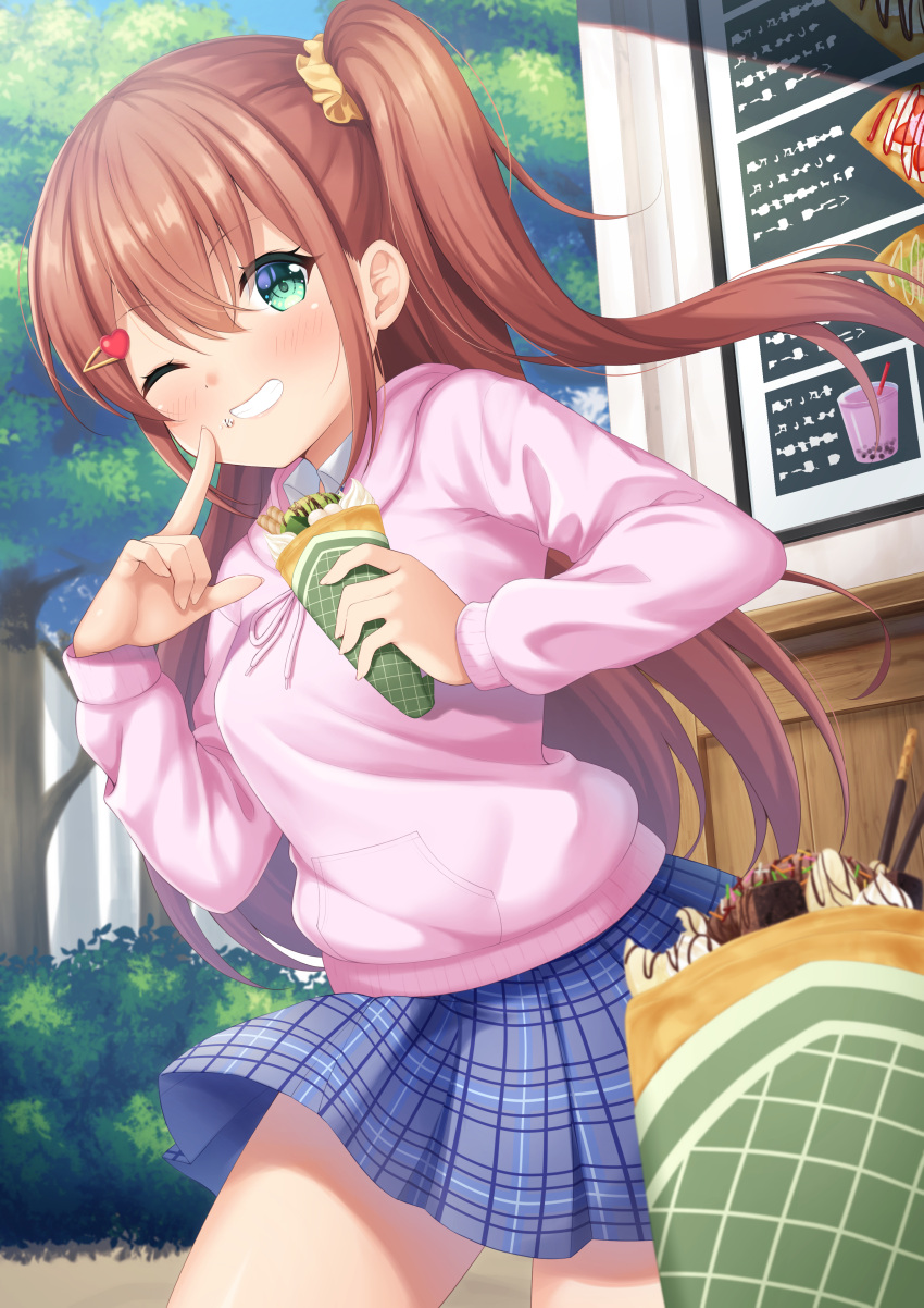 1girl 7fuji_06 absurdres blush brown_hair bush collared_shirt cowboy_shot crepe day finger_to_cheek food food_on_face green_eyes grin hair_ornament hair_scrunchie hairclip highres holding holding_food hood hoodie index_finger_raised long_hair long_sleeves menu one_eye_closed one_side_up original outdoors plaid plaid_skirt pleated_skirt pocky pov scrunchie shirt skirt smile solo tied_drawstring very_long_hair